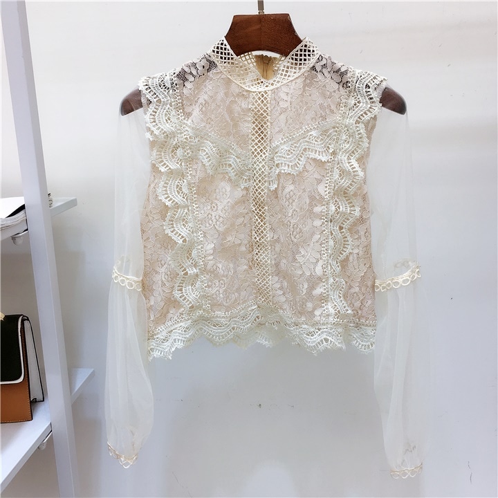 2567.シースルーカラーレースブラウス（ベージュ）2019 春夏 sale 春夏 sale トップス セクシー カジュアル 通勤 通学 結婚式 披露宴 女子会 カフェ ランチ リゾート