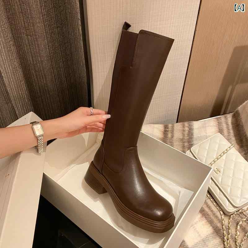 ロングブーツ レディース タイトフィット シンプル おしゃれ スタイルアップ 女性用 フル 牛革 レトロ ブラウン ブーツ 膝丈 スリム トール ナイト ブーツ 大型 弾性 スリム ブーツ