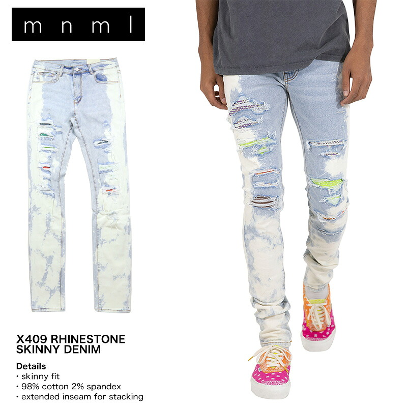 ミニマル デニムパンツ mnml スキニーパンツ メンズ ブランド 大きいサイズ おしゃれ ダメージ加工 ブリーチ