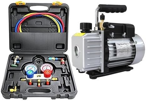 WEIMALL エアコンガスチャージ マニホールドゲージ＆真空ポンプ 2点セット R134a R12 R22 R502 対応冷媒