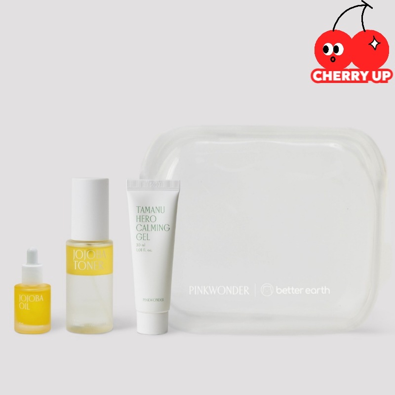 【新商品】ピンクワンダー バカンスキット（ホホバオイル10mlホホバトナー50mlタマヌヒーローカーミングジェル30mlエコシリコンポーチ）ミニキット 敏感肌 トラベルセット 保湿ケア オイルトナー