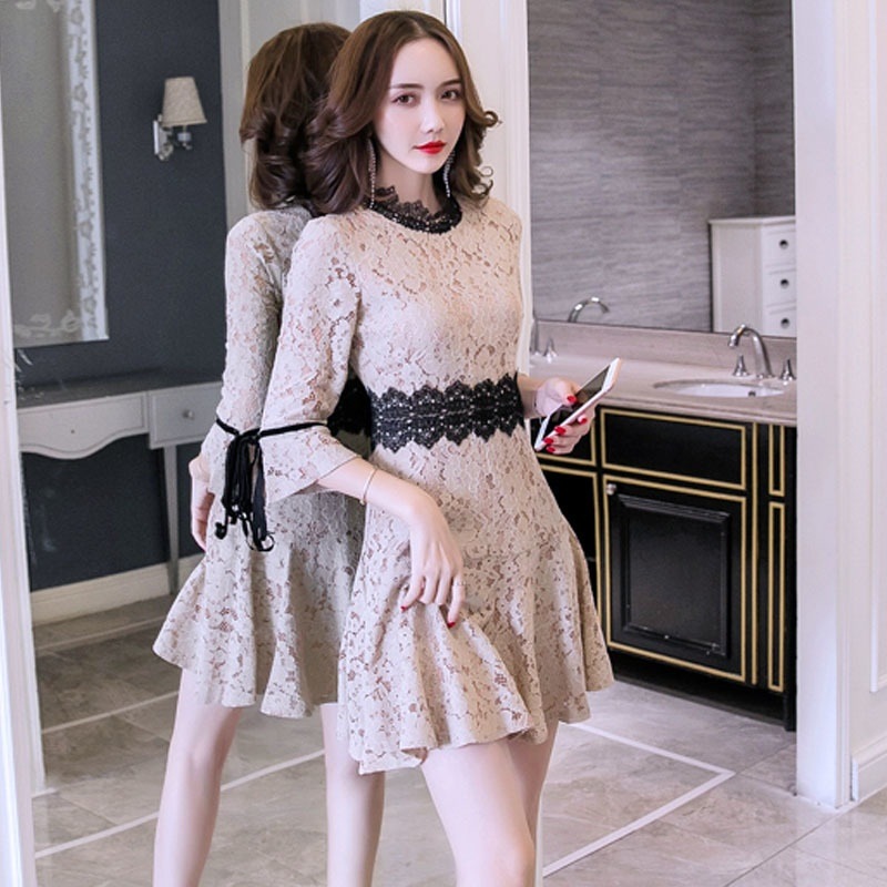 1957.刺繍レースフリルドレス 2019 春夏 sale 春夏 sale ワンピース 七分袖 フレア エレガント お呼ばれ パーティー 結婚式 披露宴 女子会 レストラン デート