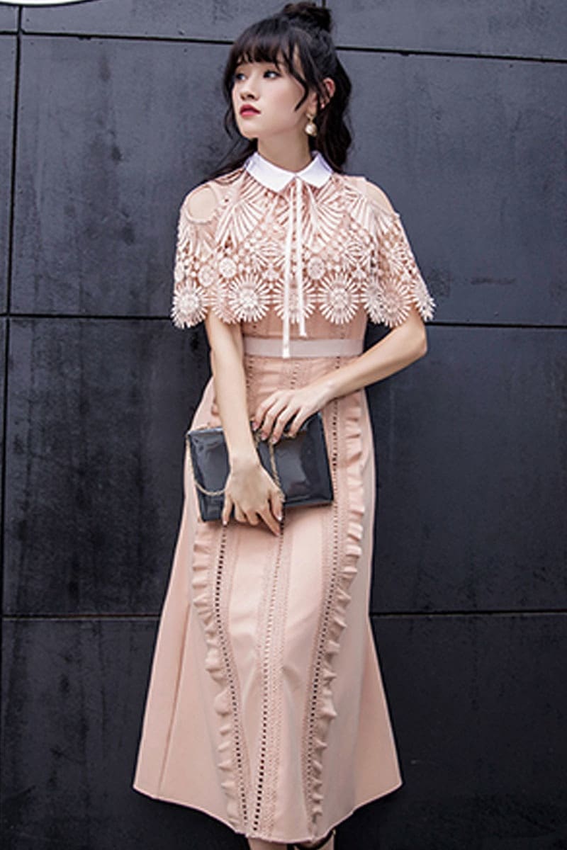 1869.刺繍タイトフリルドレス（ピンク）2019 春夏 sale 春夏 sale ワンピース 花柄 半袖 レース エレガント レトロテイスト お呼ばれ パーティー 結婚式 披露宴 二次会 女子会 レ