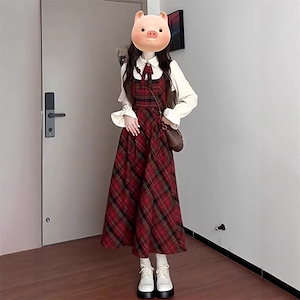 2025 年春と秋の女性のためのカレッジスタイルの赤いチェック柄サスペンダードレス新年新年シャツロングスカートスーツ