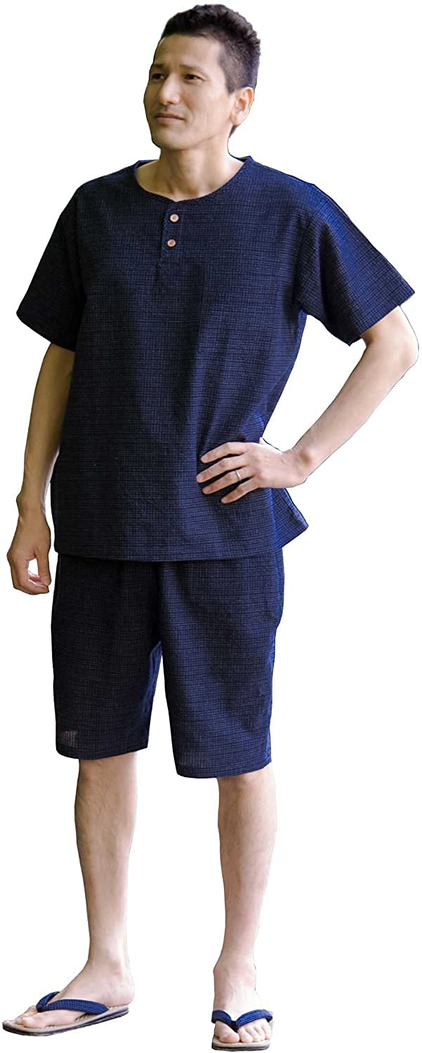 綿の郷(ワタノサト) 日本製 久留米ちぢみ織ホームウエア 甚平 作務衣 (L, 文人柄・紺)