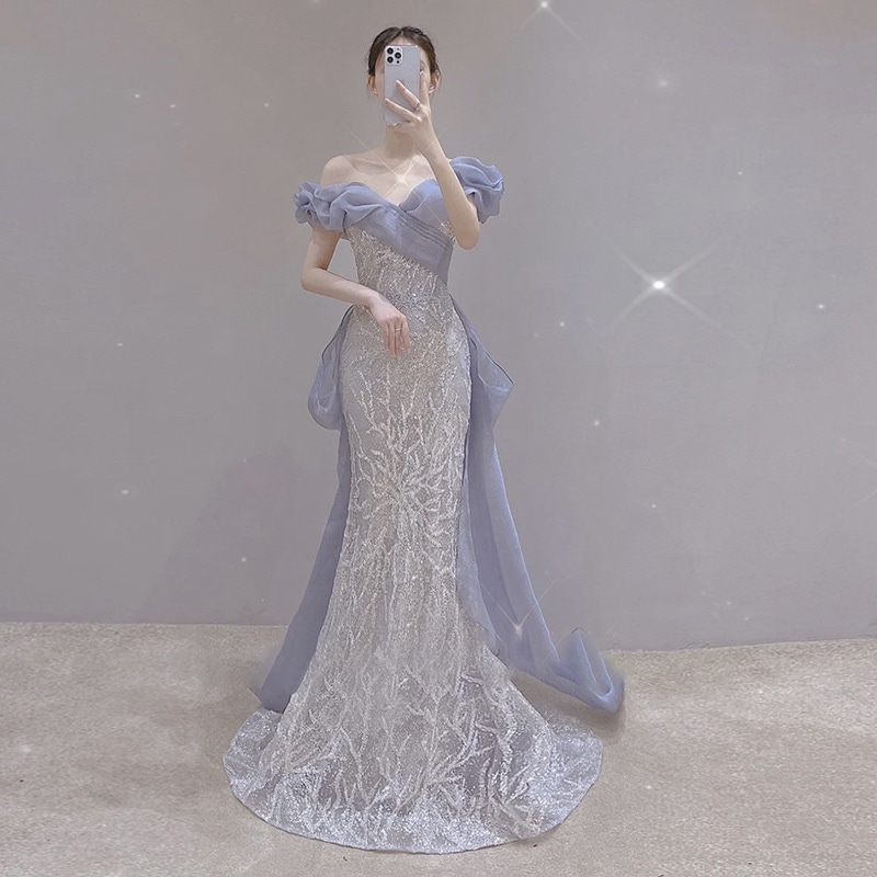 一字肩魚尾軽ウェディングドレス夏の娘法高級感婚約結婚タキシードスカート