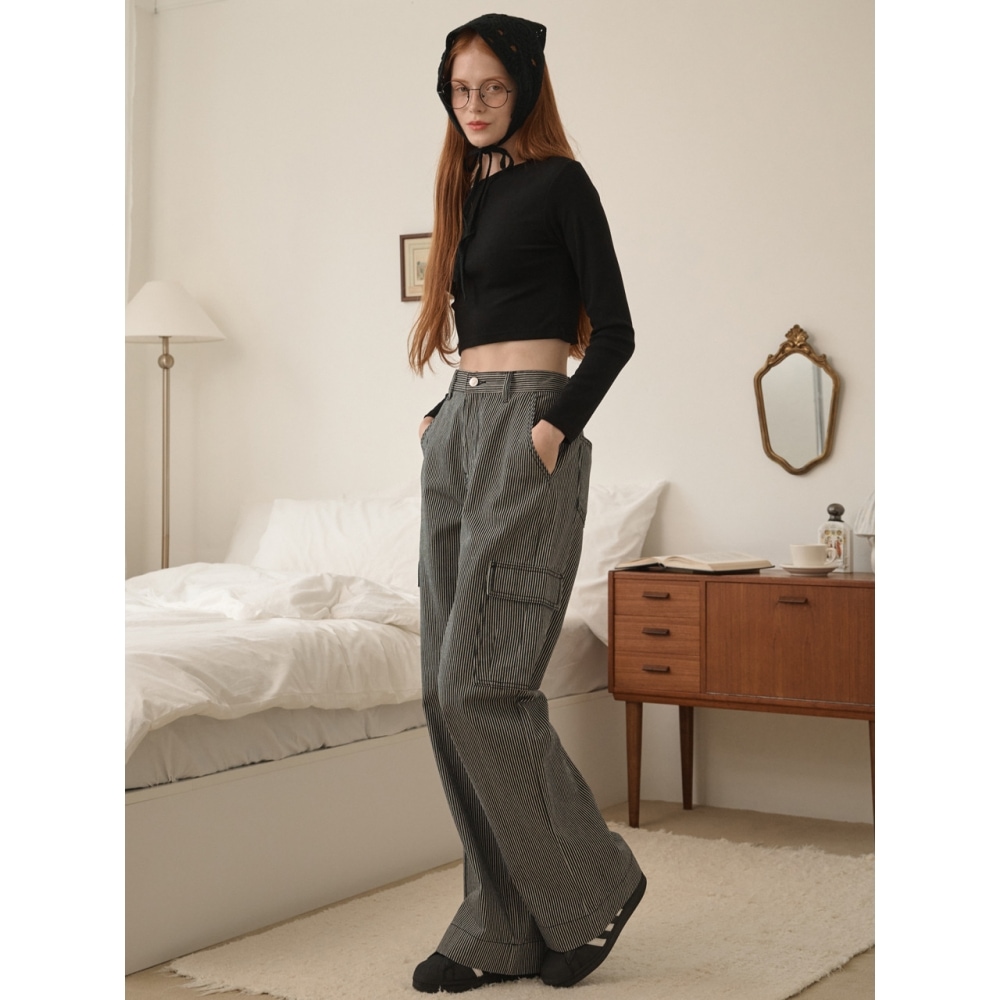 LOSSYROW ストライプウォッシュカーゴデニムパンツブラック