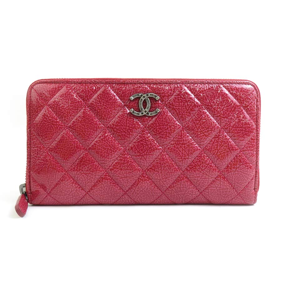シャネル CHANEL ラウンドファスナー長財布 パテントレザー ピンク系レッド レディース r10347a