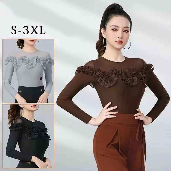 新入庫 社交ダンス トップス レオタード 股下ホック 長袖 透け感 フリル 胸パッド付き ラテン モダン タンゴ サンバ ダンスウェア レディース 社交ダンス衣装 コンサート 舞台用 ステージ衣装 練