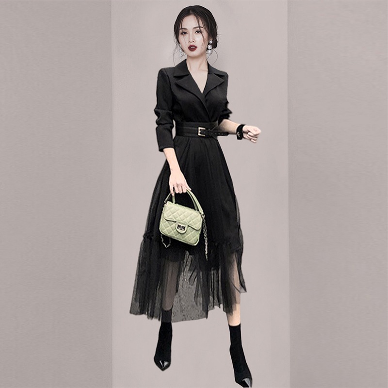 デザイン ワンピース 膝下 長袖 襟付き 開襟 スリム デザイン ボタン 美ライン ニュアンス チュール ベルト ウエストマーク レイヤード かわいい 大人可愛い きれいめ シンプル カジュアル 大人