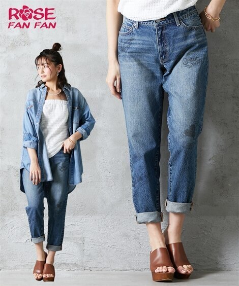 大きいサイズ 綿100％落書き風プリントボーイフレンドデニムパンツ ローズファンファン