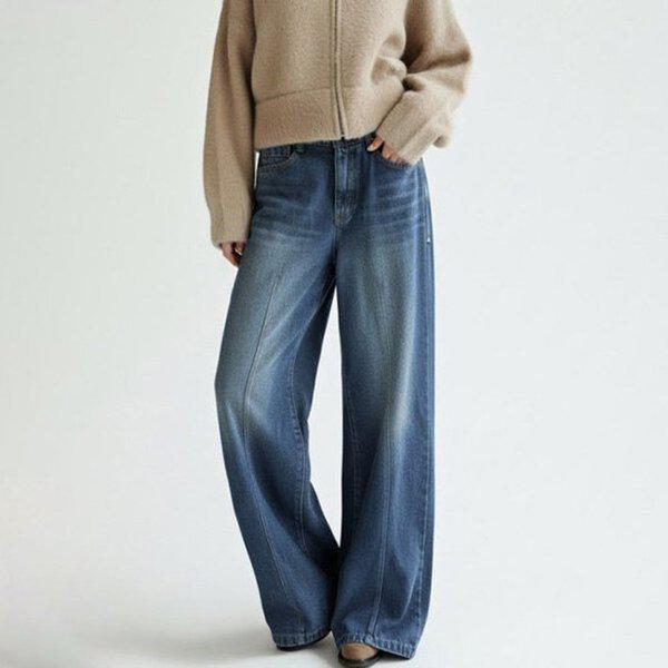 (MIZ)1563 スエード起毛ワイドバンディングデニムパンツ