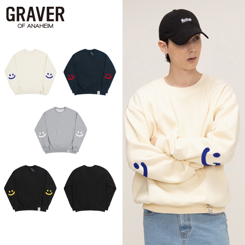 エルボー ブークル刺繍 スマイルドローイング ホワイトクリップ マンツーマンTシャツ_4color