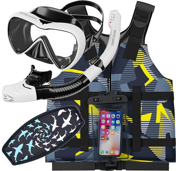 シュノーケル・マスク・ライフベスト3点セット 防水スマホケース マスクのストラップカバー付き(Eセット)