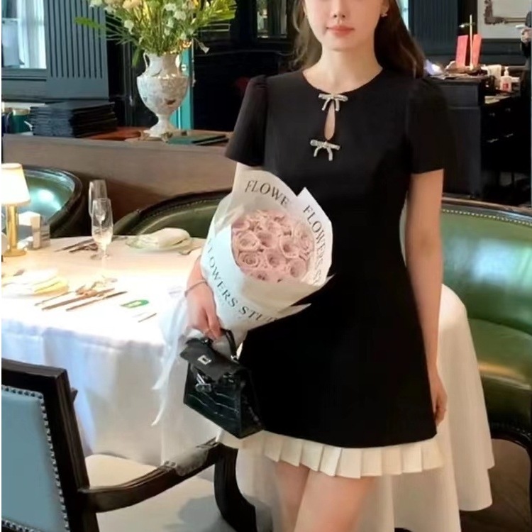 お嬢様 リボン本 着痩せ ショート丈 ワンピース