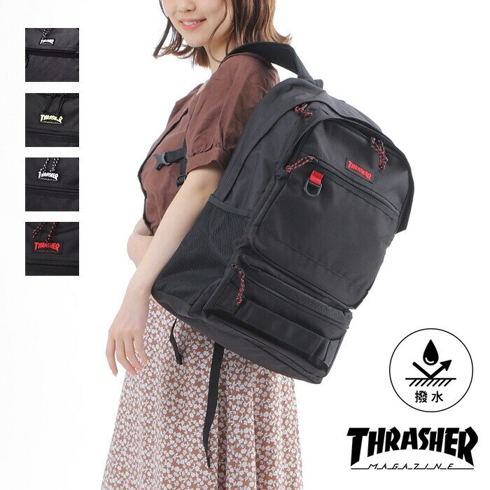 バックパック リュックサック 撥水加工 THRASHER デイパック ロゴ パープル 使いやすい 軽い 旅行 普段使い スポーティー スケターブランド シンプル 黒リュック 黒 ネーム スポーツ 部活