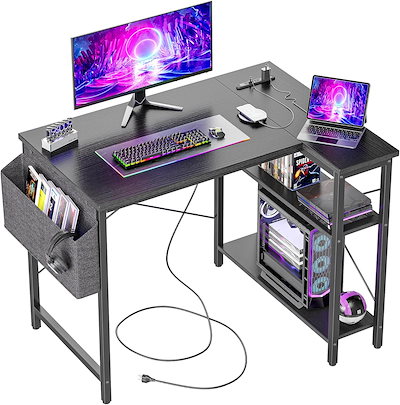 他サイト： TIQLAB ゲーミングデスク パソコンデスク L字型デスク 幅100x70cm コンセント付き 棚付き コーナーデスク ワークデスク 勉強机 作業机 オフィスデスク 在宅勤務 省スペース ブラックの商品画像