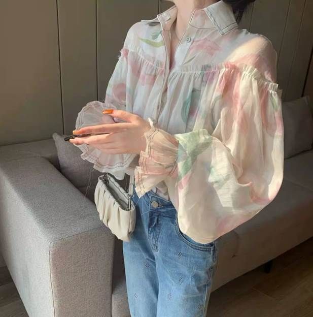 きれいめ 花柄 かっこいい 存在感 大人 レディース シャツ トップス エレガント 花柄 シフォン 長袖 旅行 大人女子 着回し ブラウス 袖あり レトロ カジュアル 上品 リゾート 40代 普段使い