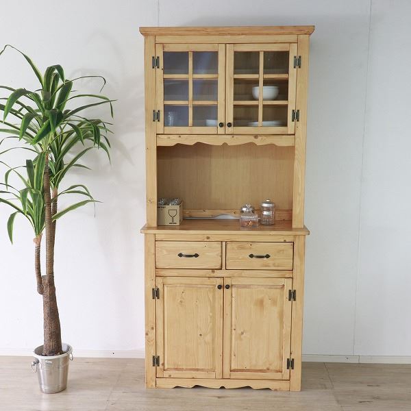 カップボード 約幅90cm LBR ライトブラウン 組立品 食器棚 キッチン収納