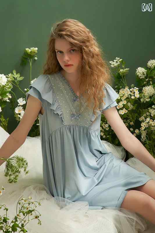 パジャマ ネグリジェ レディース 半袖 レース フリル シフォン ワンピース Aラインドレス ガウン フレアスカート リボン 華奢 ルーム ナイト ホームウェア