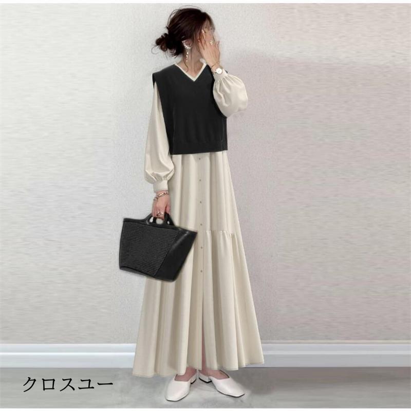 シャツワンピース ニットベスト 2点セット きれいめ 春 秋 レデイース ロングワンピース 大 おしゃれ