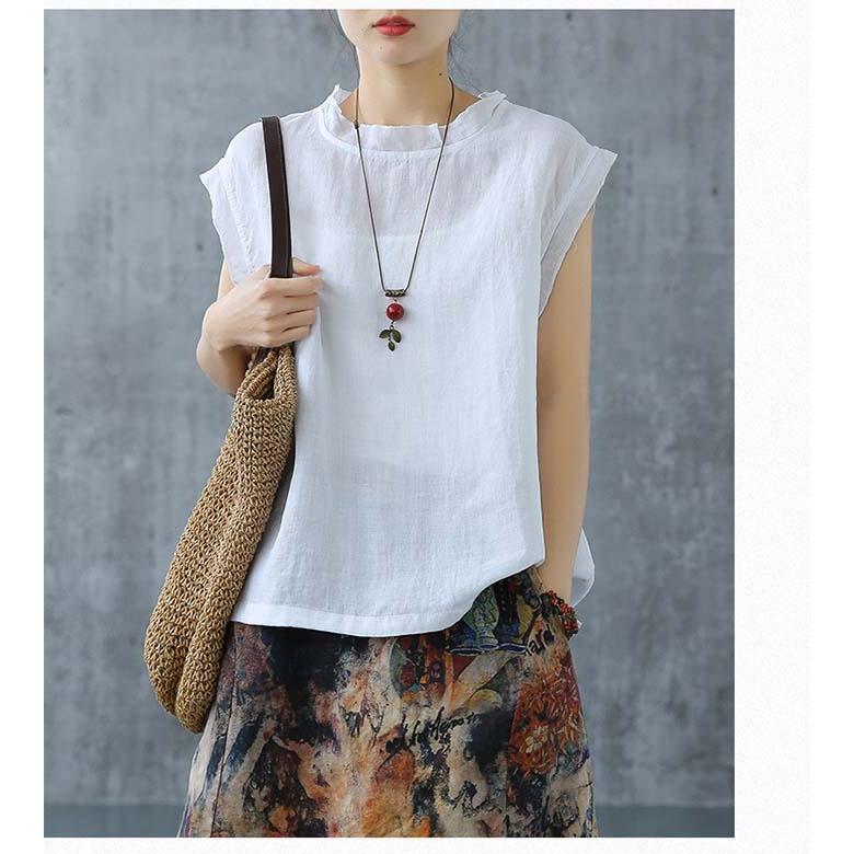 リネン ノースリーブ ブラウス レディース フレンチスリーブ 薄手 夏 リネンシャツ 麻 Tブラウス 春夏 トップス きれいめ おしゃれ 大人 ナチュラル