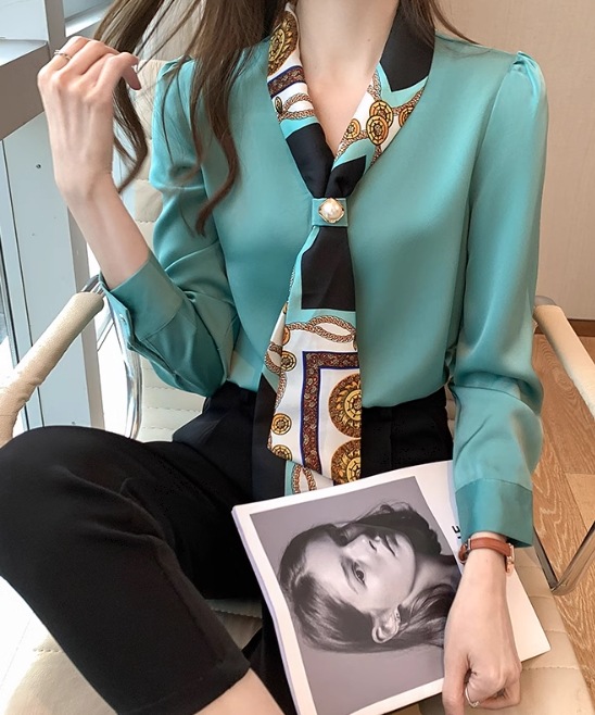 レディース トップス シャツ ブラウス 長袖 襟付き ボウタイ スリム 細身 ストレート 異国風 コンサバ 薄手 大人可愛い きれいめ カジュアル 上品 エスニック エキゾチック こなれ感 個性的