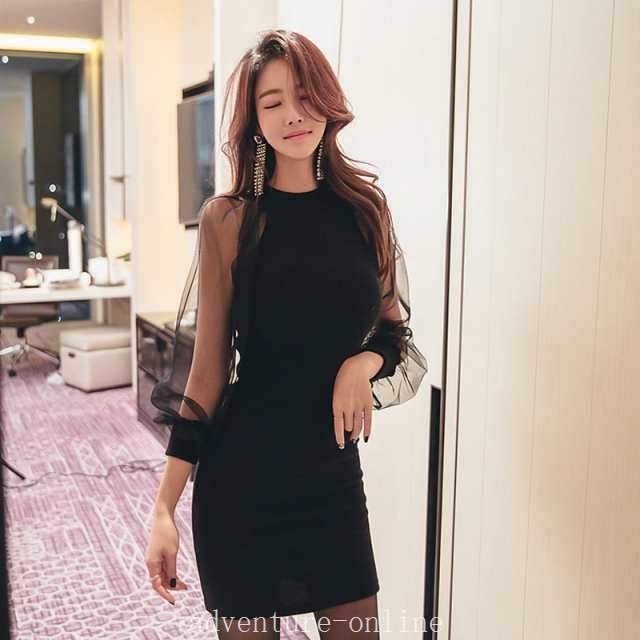 【2025新作入荷】ワンピース クルーネック シースルー スリム ドレス 1373