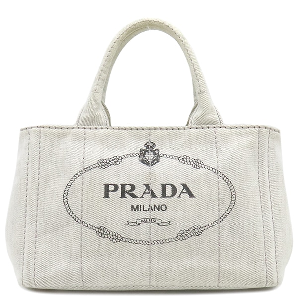 プラダ PRADA 2WAYバッグ カナパ ミニ トートバッグ デニム BIANCO ゴールド金具 白 三角ロゴプレート ハンドバッグ ショルダー B2439G【中古】