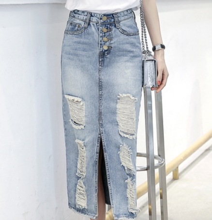 ダメージ加工デニムスカート ボトム ロング丈 デニム 綿 ダメージ 爽やか 大人スタイル 大人可愛い きれいめ シンプル カジュアル 大人 上品 おしゃれ かっこいい レトロ アジアン 大人可愛い