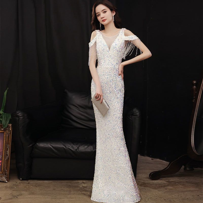 イブニングドレススカート女性夏の宴会気質ホストロングスパンコールフィッシュテール ドレス 愛されドッキングワンピース 便利！2wayワンピース