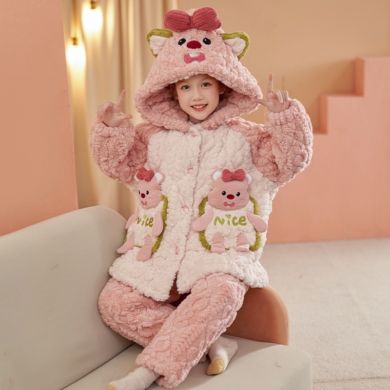 女の子パジャマ冬の3層綿挟み子供サンゴ絨毯冬loopy厚手加絨毯女の子部屋着