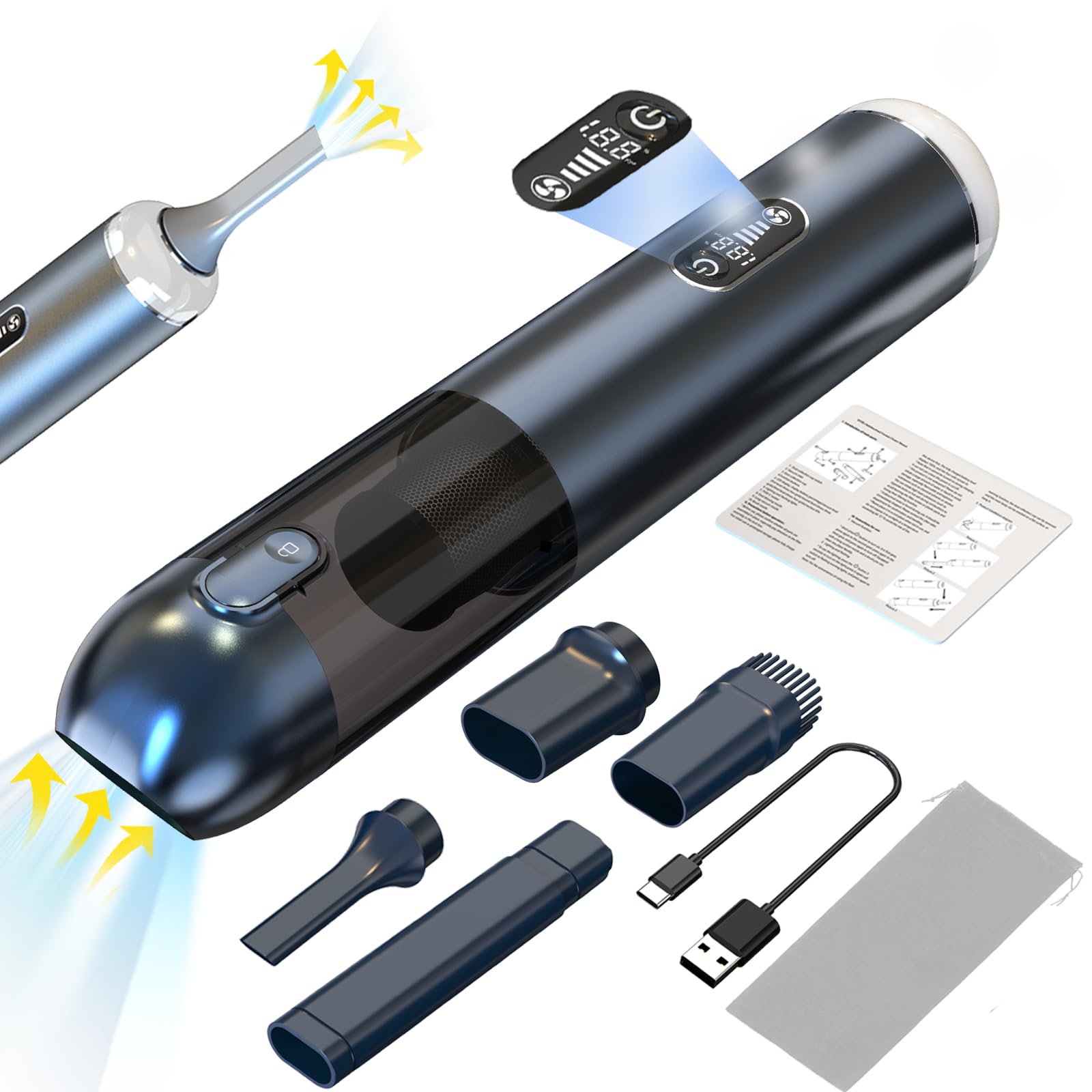 TEZILON 車用掃除機 ハンディクリーナー 多機能 ミニ掃除機 コードレス 車用 カークリーナー OLED画面付き 充電式 18000PA強力吸引力 LED照明 ハンディ掃除機 低騒音対策 小型ク