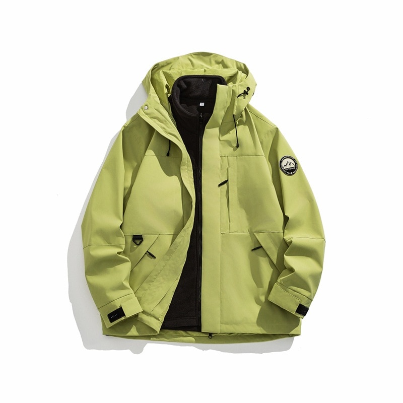 男性と女性のための屋外防風ジャケットカラーブロックスリーインワンフード付き防水性と防風性カップルやハイキングに適しています