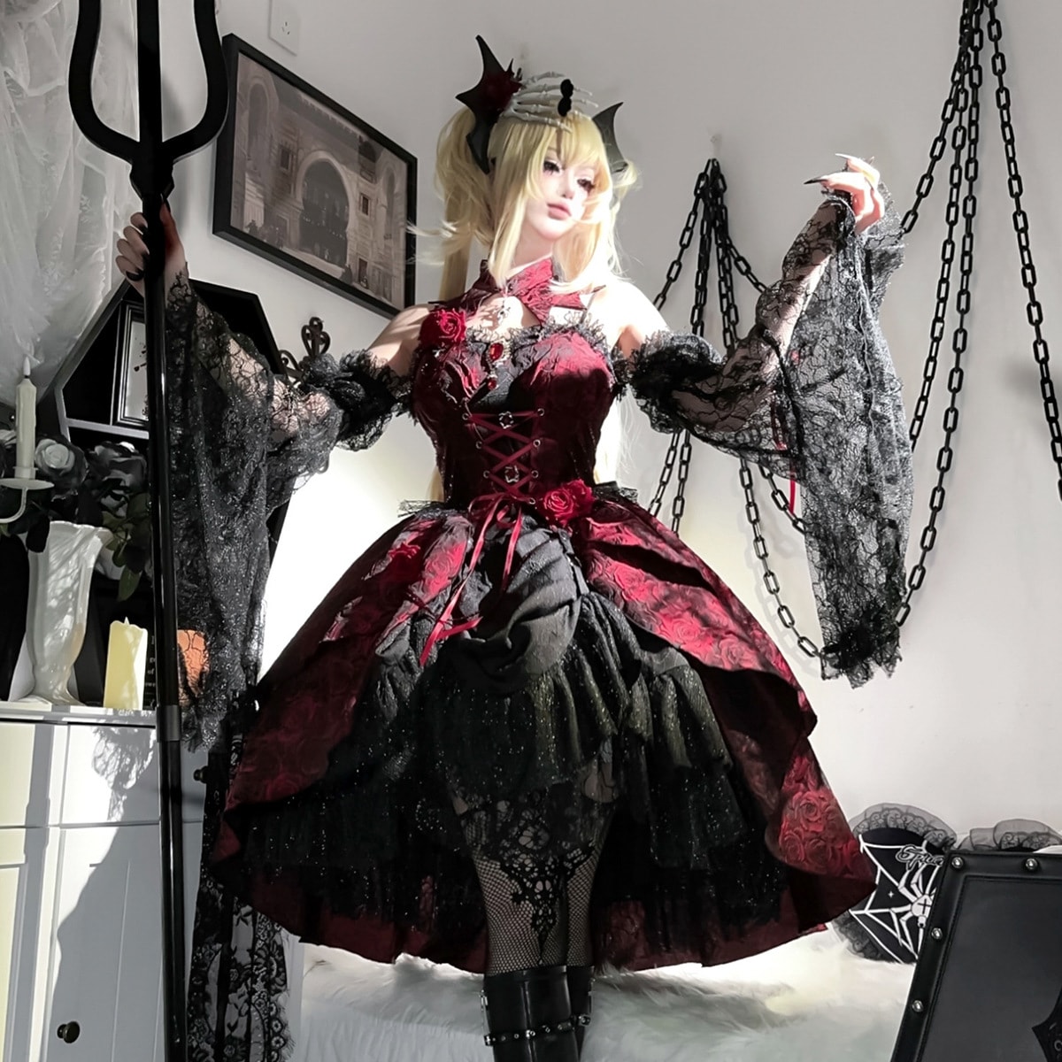 ダーク系 ロリータ レディース コスプレ キャミソールワンピース デイリーキュートワンピース レースコスチューム