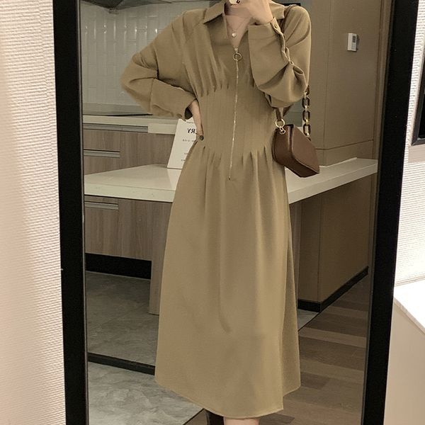ワンピース レディース ロング丈 ハイウエスト S M L XL 韓国 ジップアップ 長袖 大人可愛い 女っぽ きれいめ 大人 おしゃれ お洒落 大人女子 こなれ感 キュート ラブリー 主役級 存在感