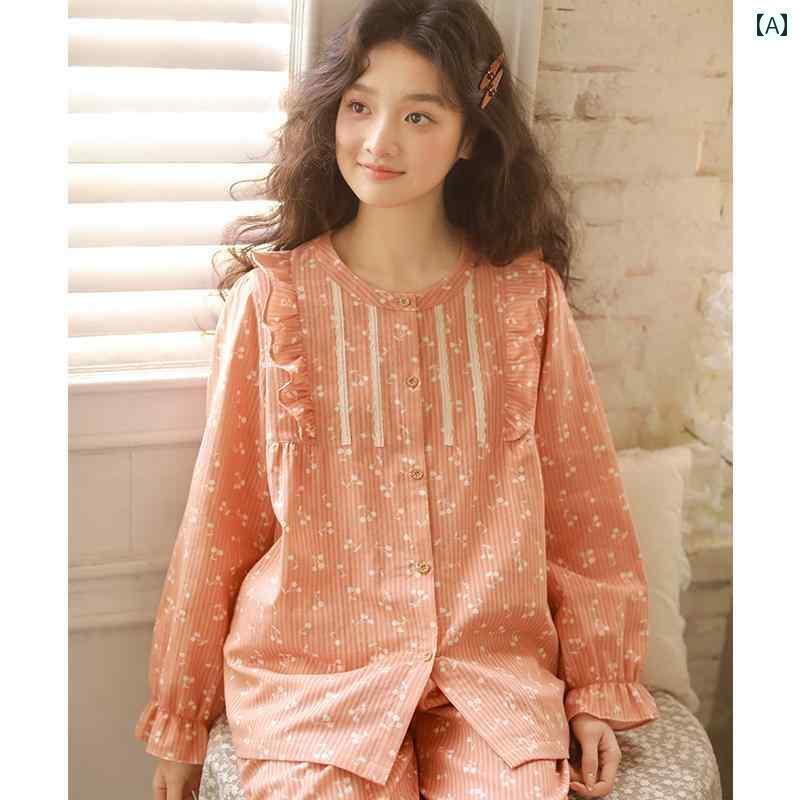 レディース　パジャマ　スウェット　上下 2025年 レディース 綿 パジャマ 生地 100 % 春秋 二 層 糸 高級 長袖 ホームウェア