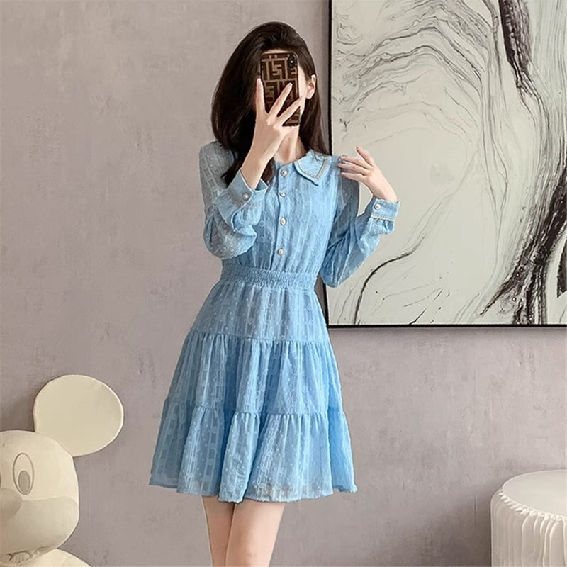 ワンピース ロング ロング丈 ミドル丈 ミドルスカート 袖あり 長袖 POLO襟 Aライン レギュラー シフォン かわいい 大人可愛い きれいめ シンプル カジュアル 大人 上品 おしゃれ お洒落