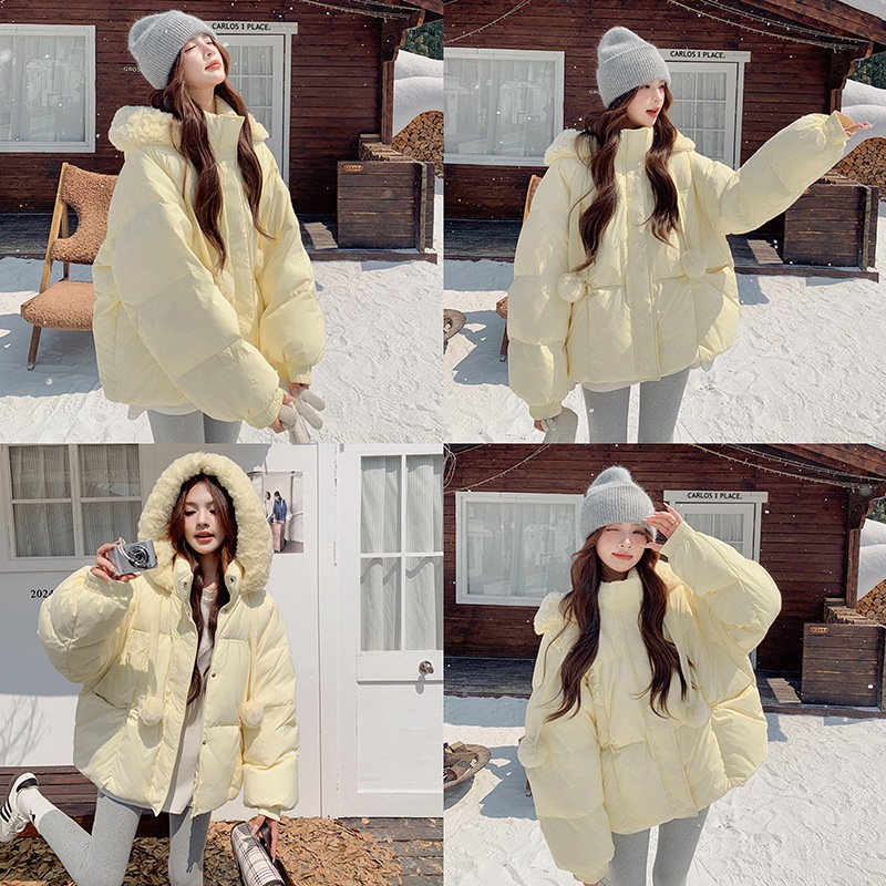 女性用イエローショートダウンジャケット2024冬新作スモールラムウールスプライシング肥厚90ホワイトダックダウンジャケット