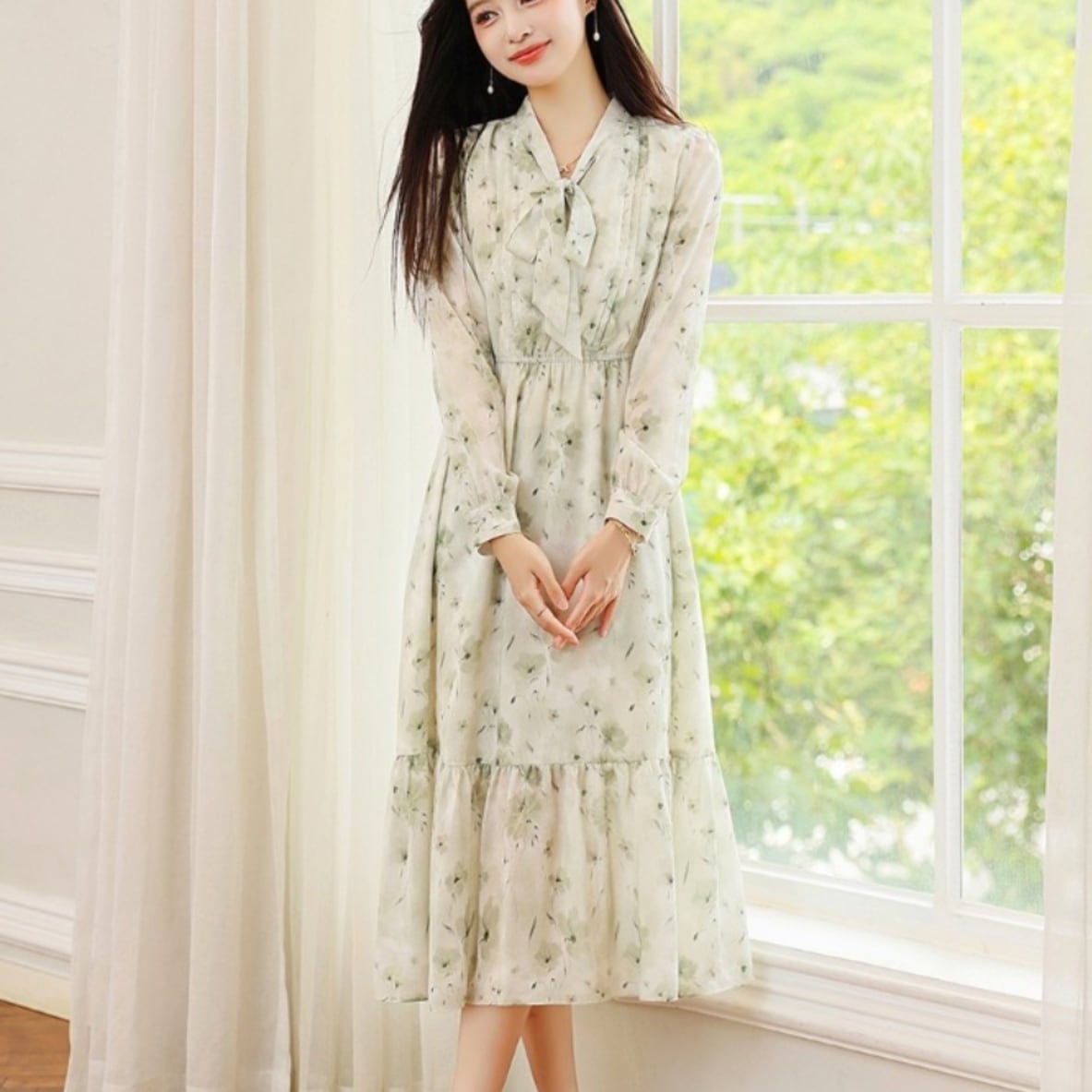 ワンピース ミモレ丈ワンピース 長袖 リボンタイ ウエストマーク フレアスカート ミモレ丈 シースルー 透け感 かわいい 大人可愛い きれいめ シンプル 上品 おしゃれ かっこいい カジュアル