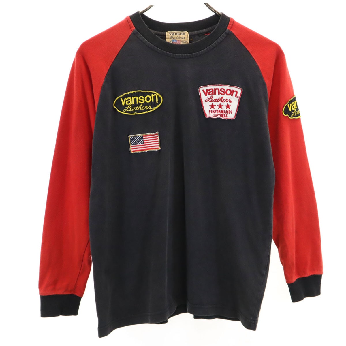 VANSON Cottons バンソンコットンズ ワッペン 長袖 Tシャツ S ブラック ロンT メンズ 古着