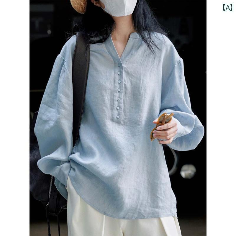 レディース　　シャツ　トップス 夏の 和風 文学 リネンシャツ レディース 長袖 コットンリネン シャツ 日焼け防止 ホリデー スタイル カジュアル トップス