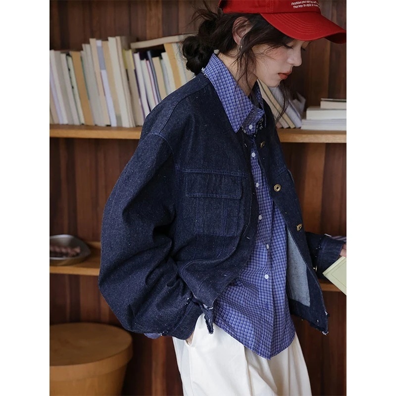 【急速発送】2025秋文芸綿麻彩ドット丸首デザイン感デニムジャケットトップスラッシュジャケット 韓国ファッション秋の万能アイテム