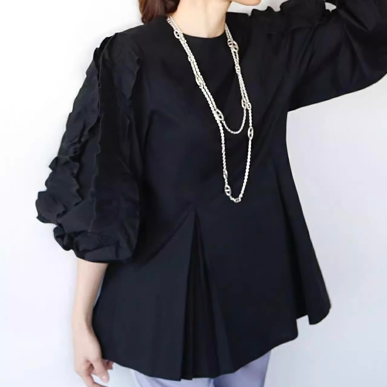 レディース トップス カットソー フレア 7分袖 ボリューム袖 フリル袖 バルーン袖 ラウンドネック フレア Aライン フリル ハイウエスト 薄手 大人可愛い きれいめ 上品 おしゃれ エキゾチック