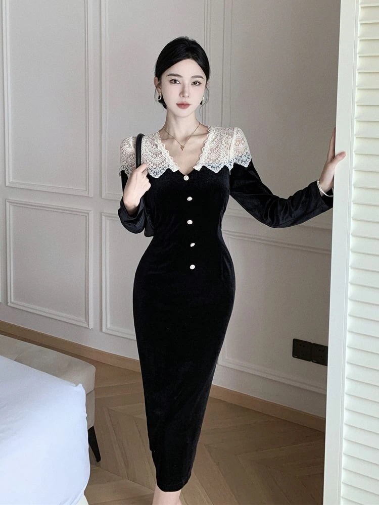 パーティードレス高級感 ベルベット 秋冬 長袖 タイトスカート セクシー ワンピース 着痩せ ドレス ロングワンピース