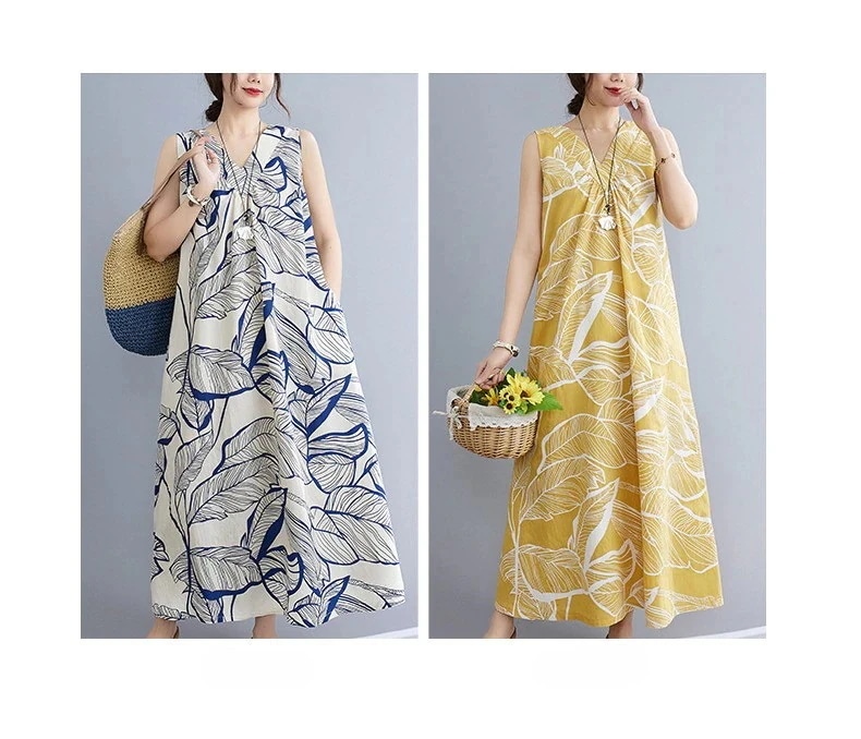 【20点セット】【急速出荷】リゾートワンピース きれいめ ワンピース レディース ノースリーブ リーフ柄 Vネック Aライン マキシ丈 リゾート ポケット付き 大きいサイズ ハワイ 白 黄色