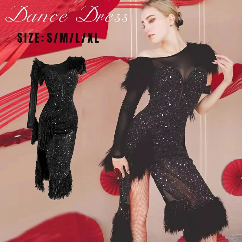 ダンス衣装 ドレス オシャレ ロングドレス 星光 ブラック つやつや キラキラ マーメイド スリム セクシー チュール ミモレ丈 美シルエット チア ヒップホップ ステージ衣装 コスチューム コスプレ