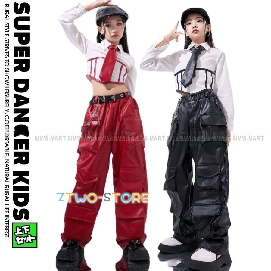 新しいダンスウェア キッズダンス衣装 セットアップ K-POP 韓国 赤 黒 ガールズ ヒップホップ 派手 へそ出し トップス レザーパンツ 子供ダンス服 ダンスウェア ダンス衣装 キッズ2つの方がお