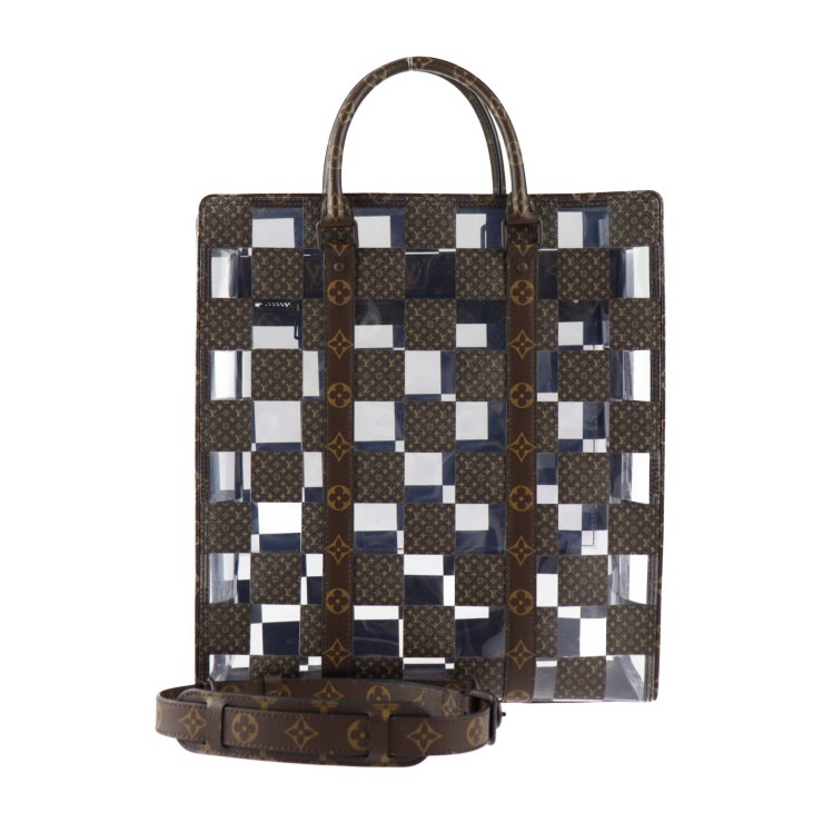 美品 LOUIS VUITTON ルイ ヴィトン トートバッグ M20866 サックプラ モノグラム チェス PVC ビニール ブラウン クリア 2WAY ショルダーバッグ ビ【本物保証】