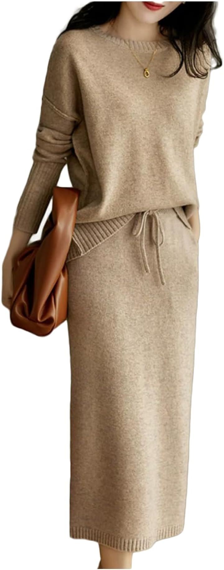 セットアップ 秋冬 ニットスカート ゆるニット( ベージュ, L)